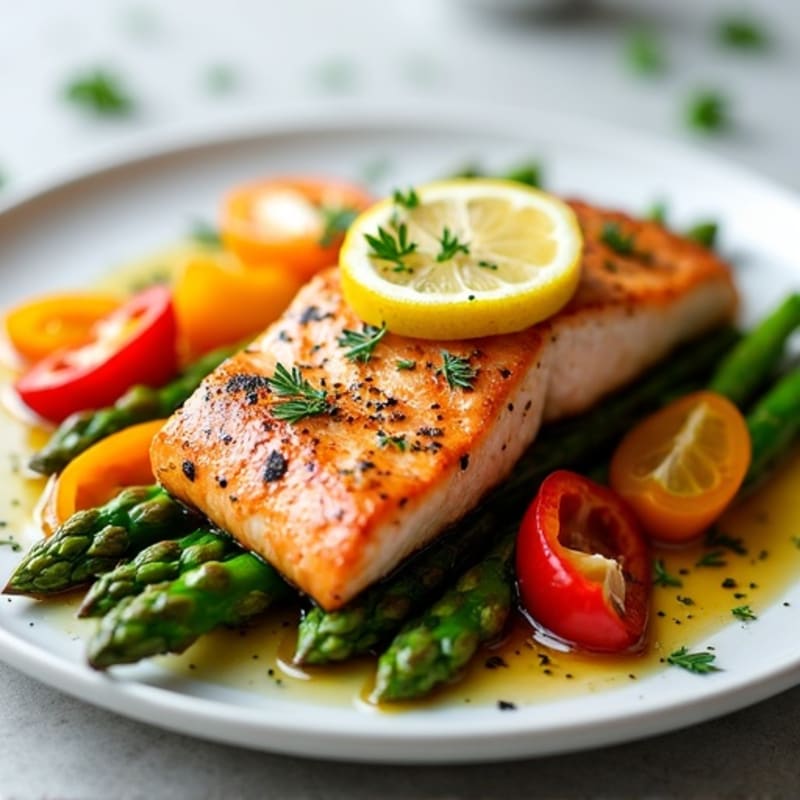 Lemon-Herb Roasted Salmon with Crisp-Tender Asparagus and Bell Peppers