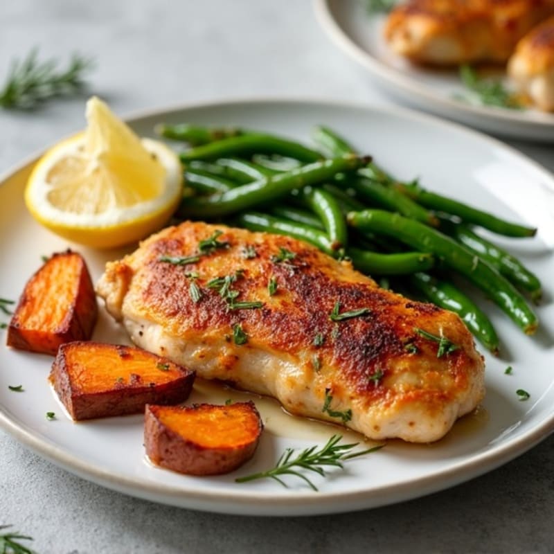 Crispy Lemon-Herb Roasted Chicken with Roasted Sweet Potatoes and Green Beans