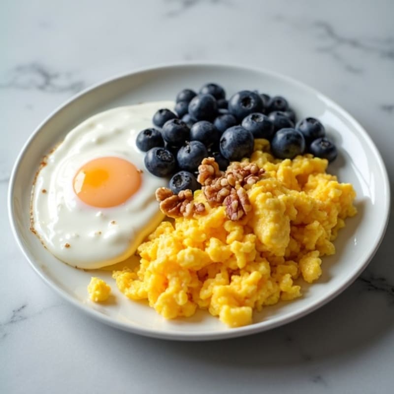 Scrambled Eggs with Greek Yogurt and Fresh Blueberries