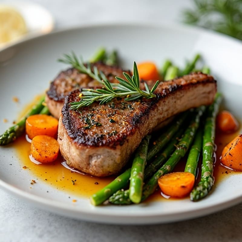 Herb-Crusted Lamb Chops with Roasted Asparagus and Sweet Potatoes