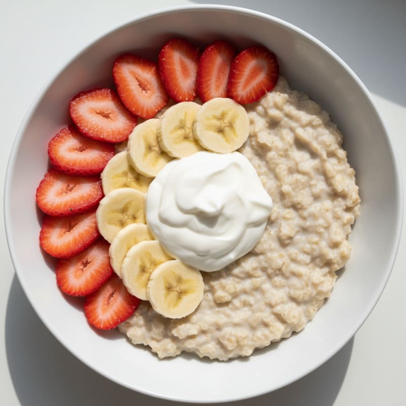 Vanilla Protein Oatmeal with Sliced Strawberries and Banana