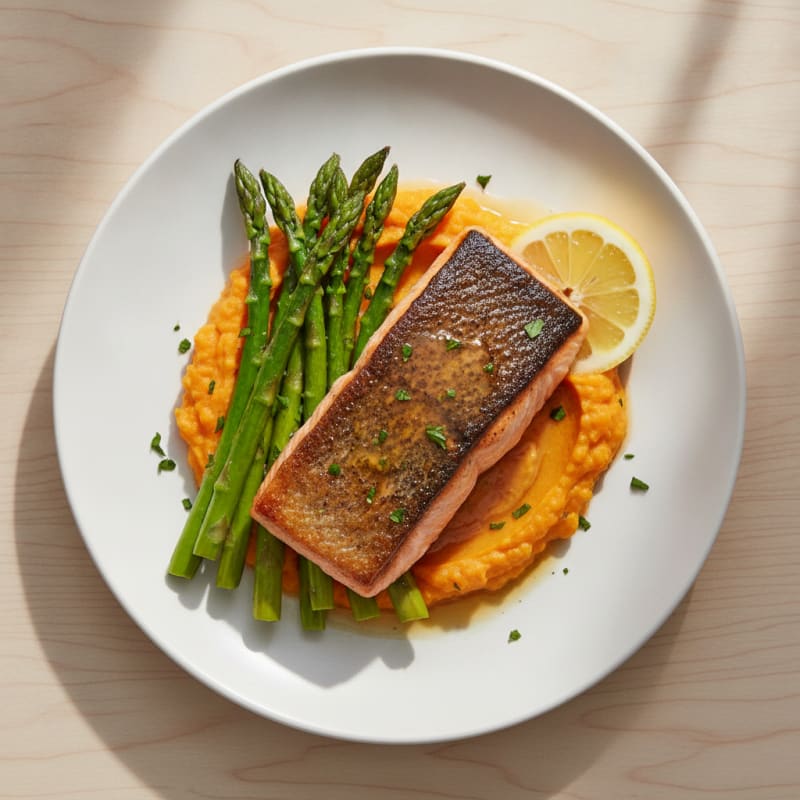 Seared Salmon Fillet with Roasted Asparagus and Sweet Potato Mash