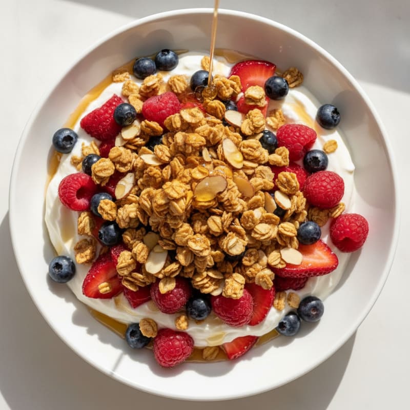 Creamy Greek Yogurt Parfait with Crunchy Almond Granola and Mixed Berries
