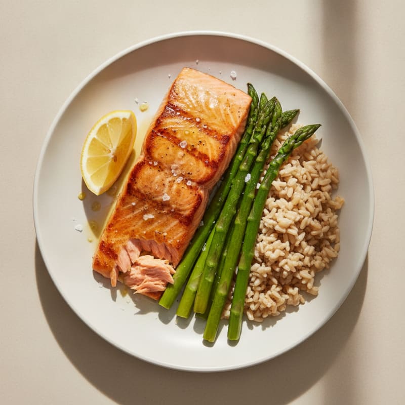 Seared Salmon with Steamed Asparagus and Brown Rice