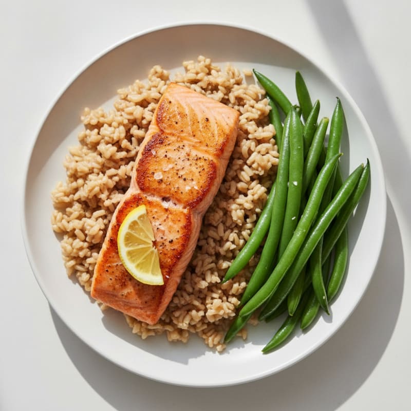 Seared Salmon with Steamed Green Beans and Brown Rice