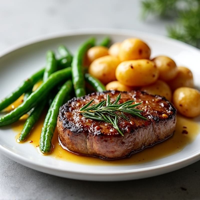 Garlic Herb Seared Steak with Crispy Roasted Potatoes and Tender Green Beans