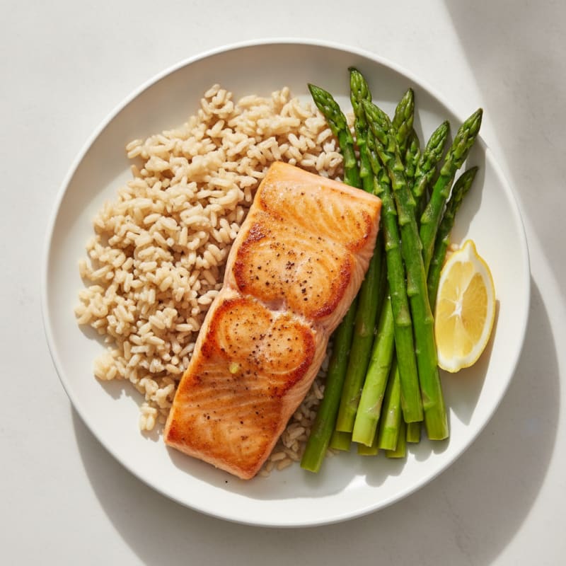 Seared Salmon with Steamed Asparagus and Brown Rice