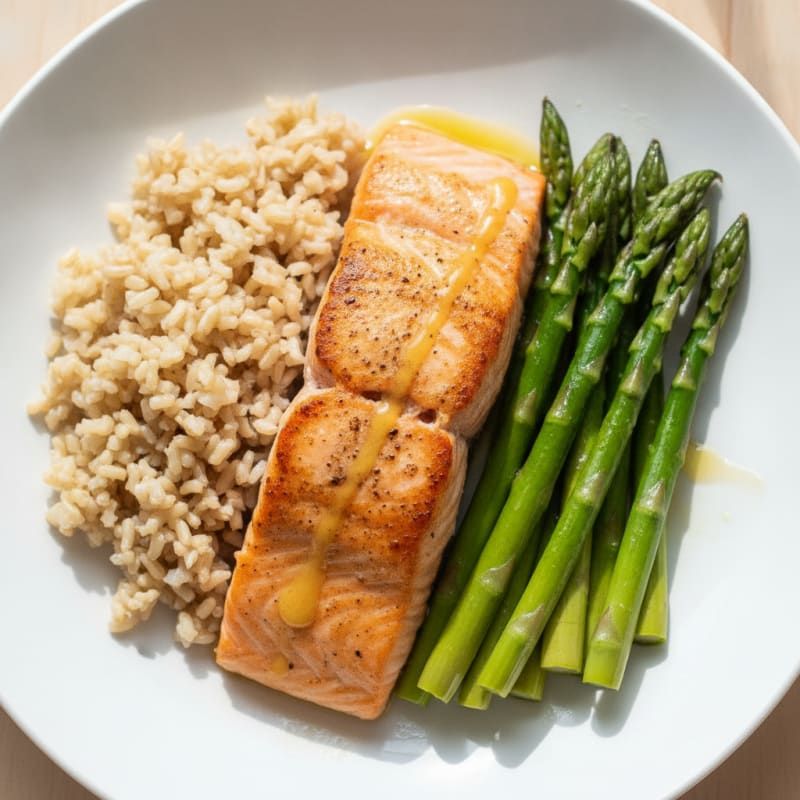 Seared Salmon with Steamed Asparagus and Brown Rice