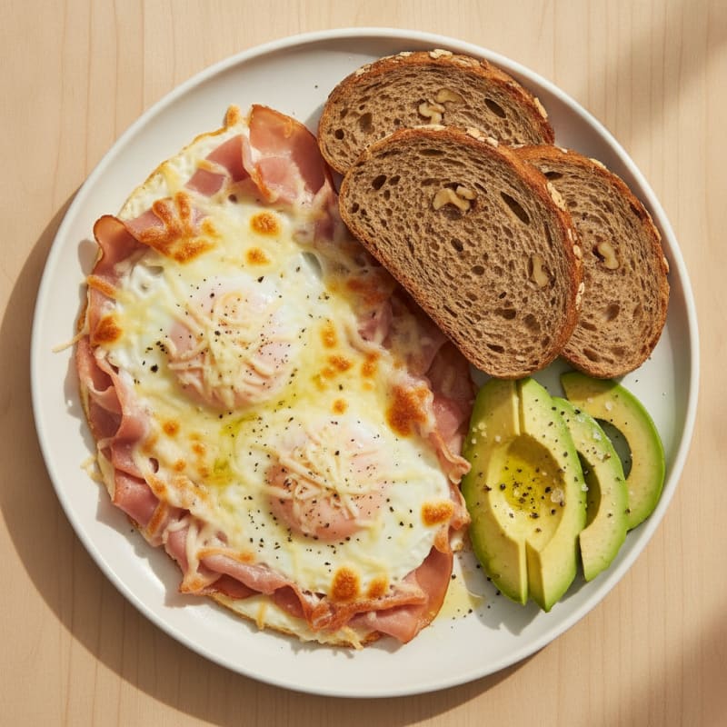Baked Eggs with Ham and Walnut Bread
