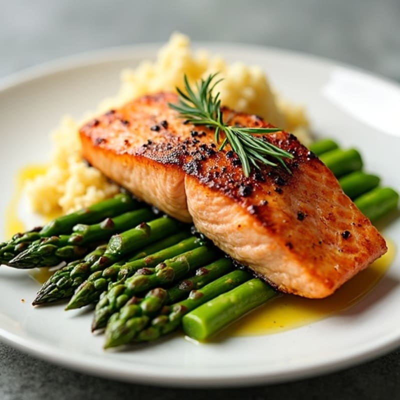 Seared Salmon with Steamed Asparagus and Cauliflower Rice