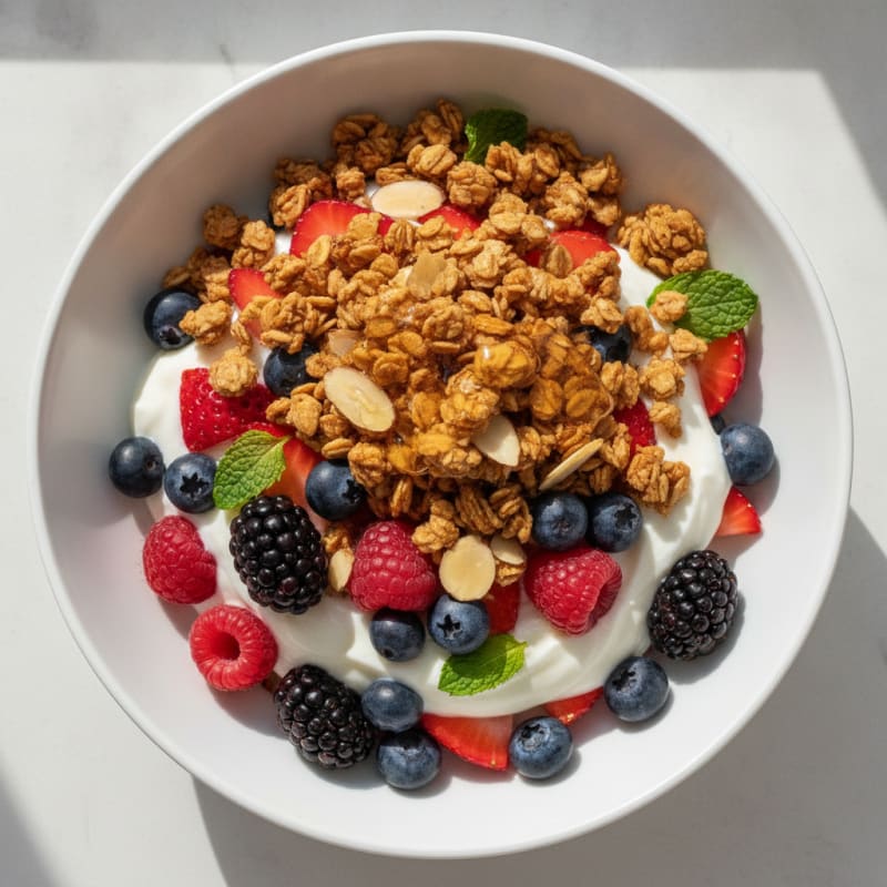 Greek Yogurt Parfait with Mixed Berries and Crunchy Granola