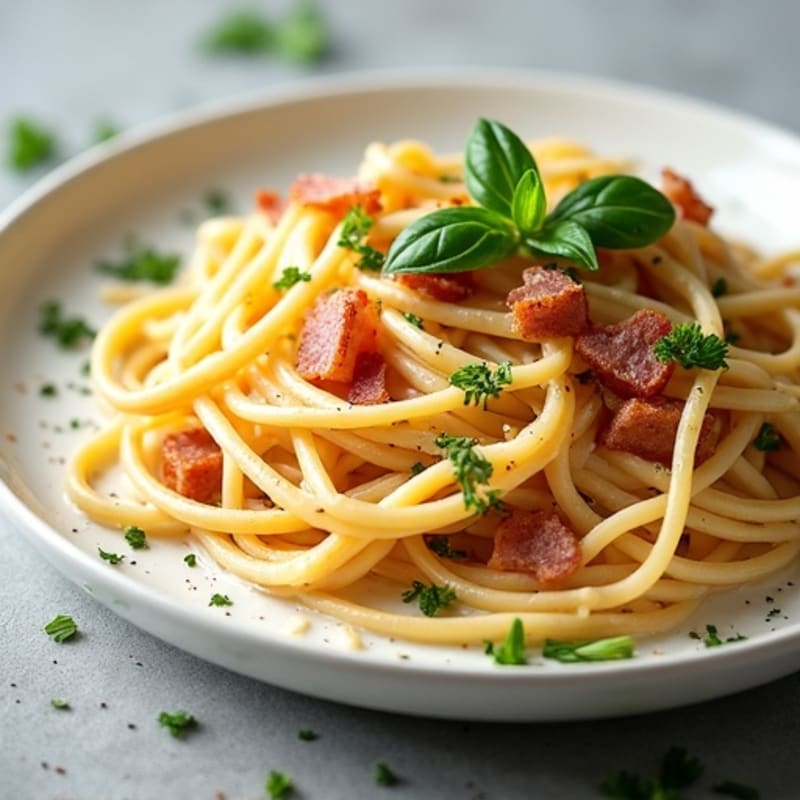 Creamy Whole Wheat Spaghetti with Crispy Lean Pancetta and Fresh Herbs