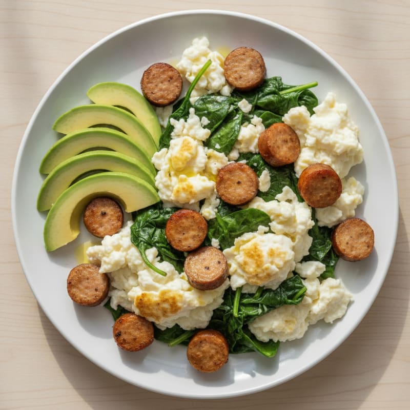 Scrambled Egg Whites with Turkey Sausage and Sautéed Spinach