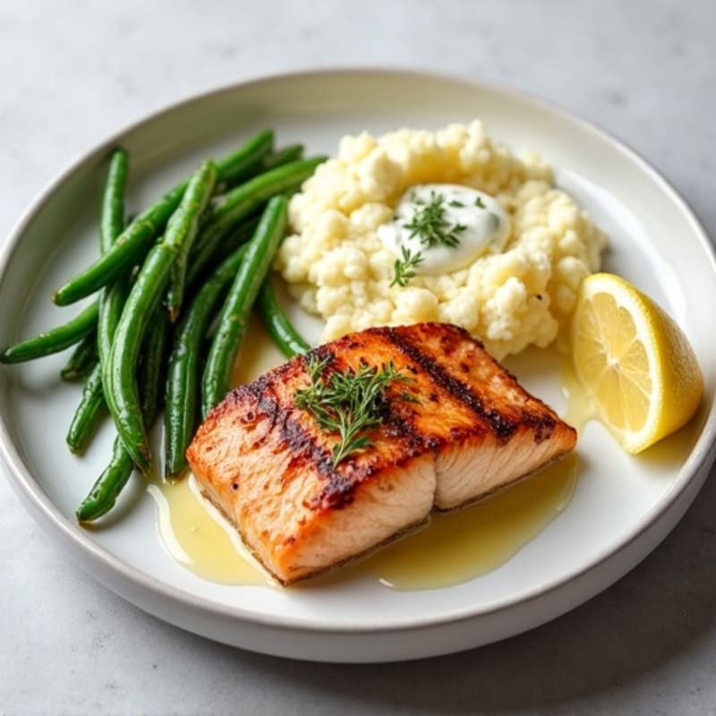 Seared Salmon with Garlic Green Beans and Mashed Cauliflower