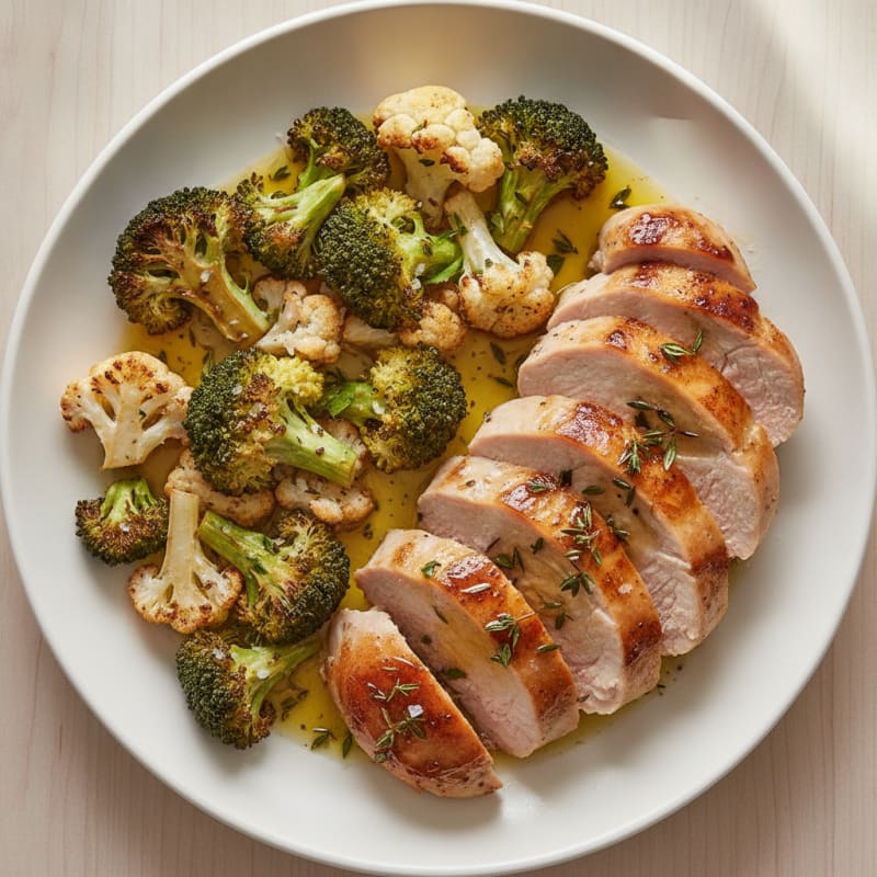 Seared Turkey Breast with Roasted Broccoli and Cauliflower