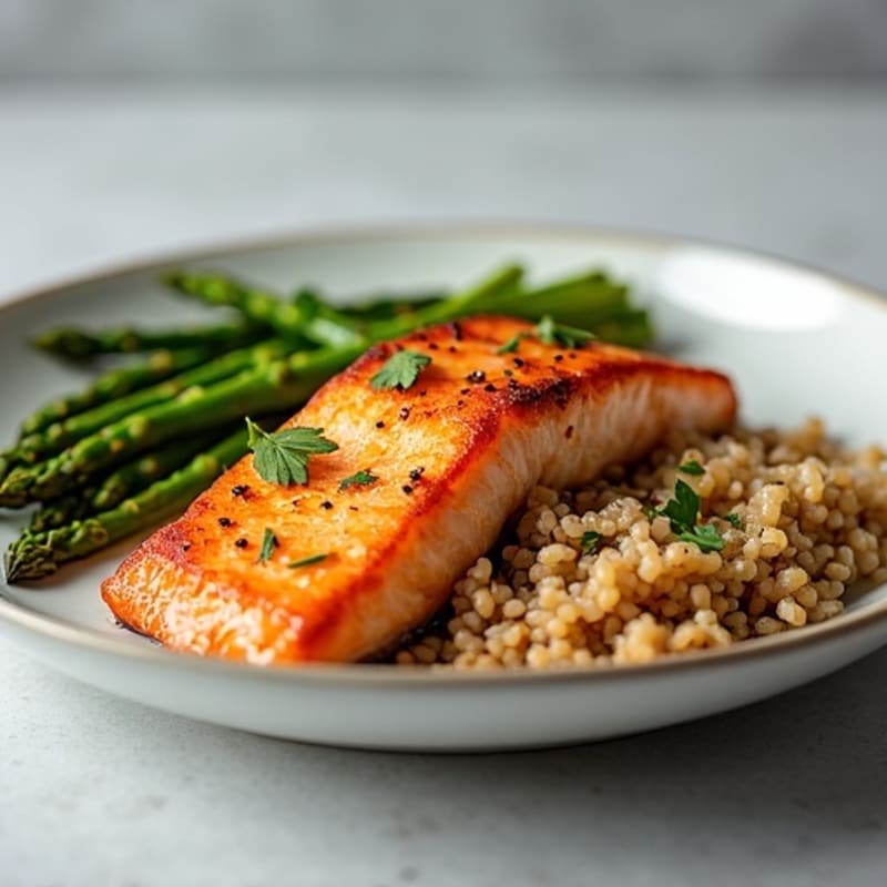 Seared Salmon with Steamed Asparagus and Brown Rice