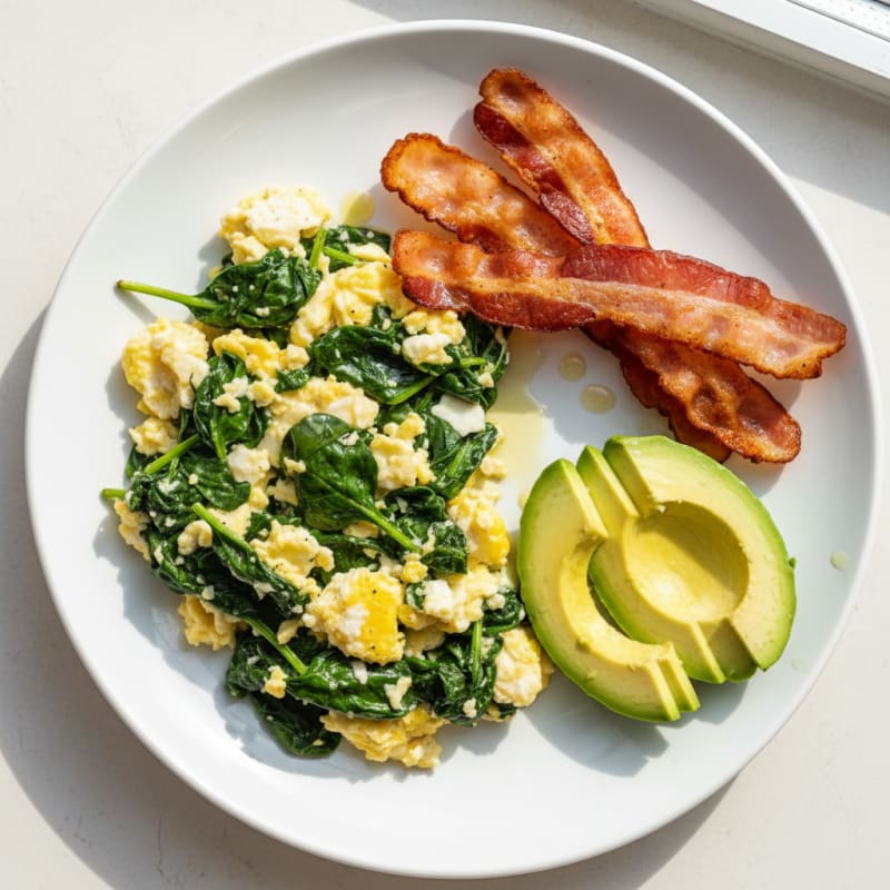 Crispy Turkey Bacon and Egg White Scramble with Sautéed Spinach