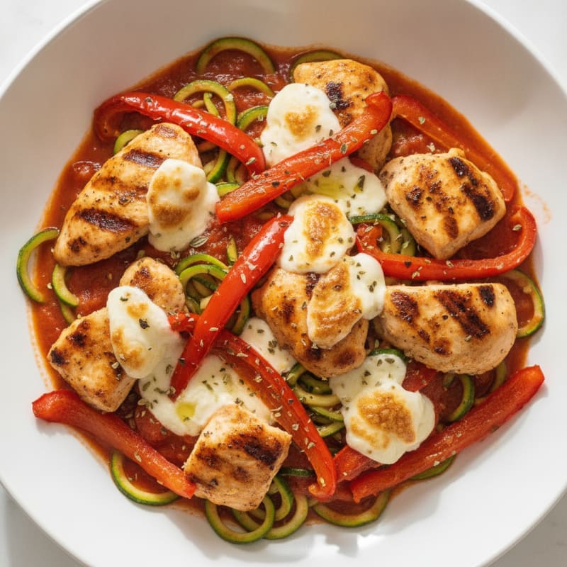 Grilled Chicken Pizza Bowl with Roasted Peppers and Mozzarella
