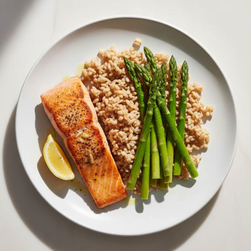 Seared Salmon with Steamed Asparagus and Brown Rice