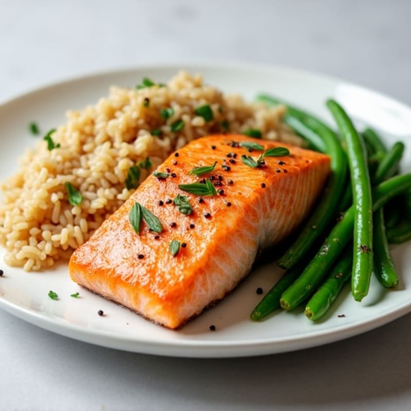 Seared Salmon with Steamed Green Beans and Brown Rice