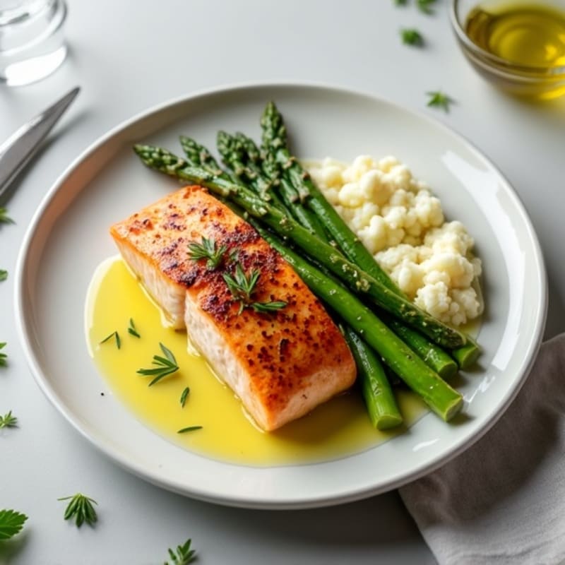Seared Salmon with Roasted Asparagus and Cauliflower Mash