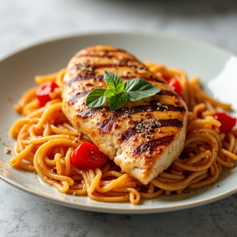 Grilled Chicken Breast with Roasted Red Pepper Pasta