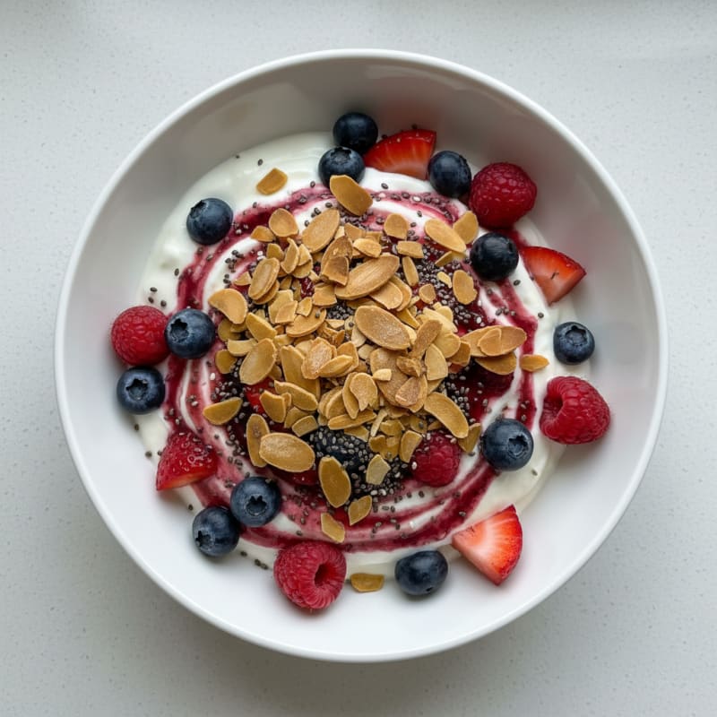 Greek Yogurt Parfait with Crunchy Almonds and Mixed Berries
