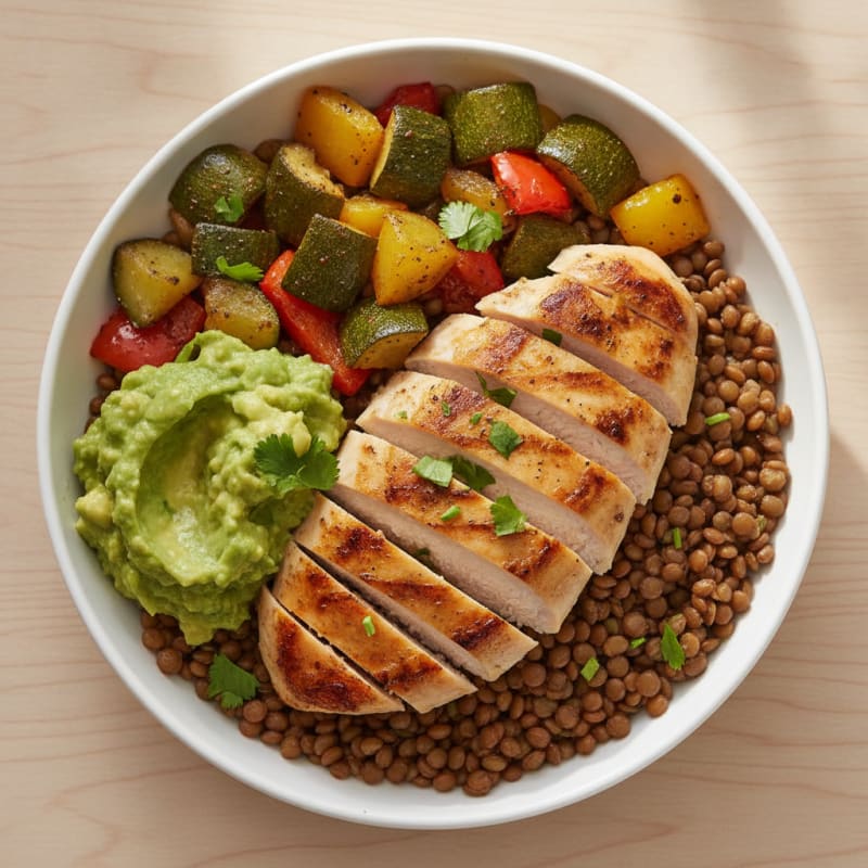 Grilled Chicken and Lentil Power Bowl with Roasted Vegetables