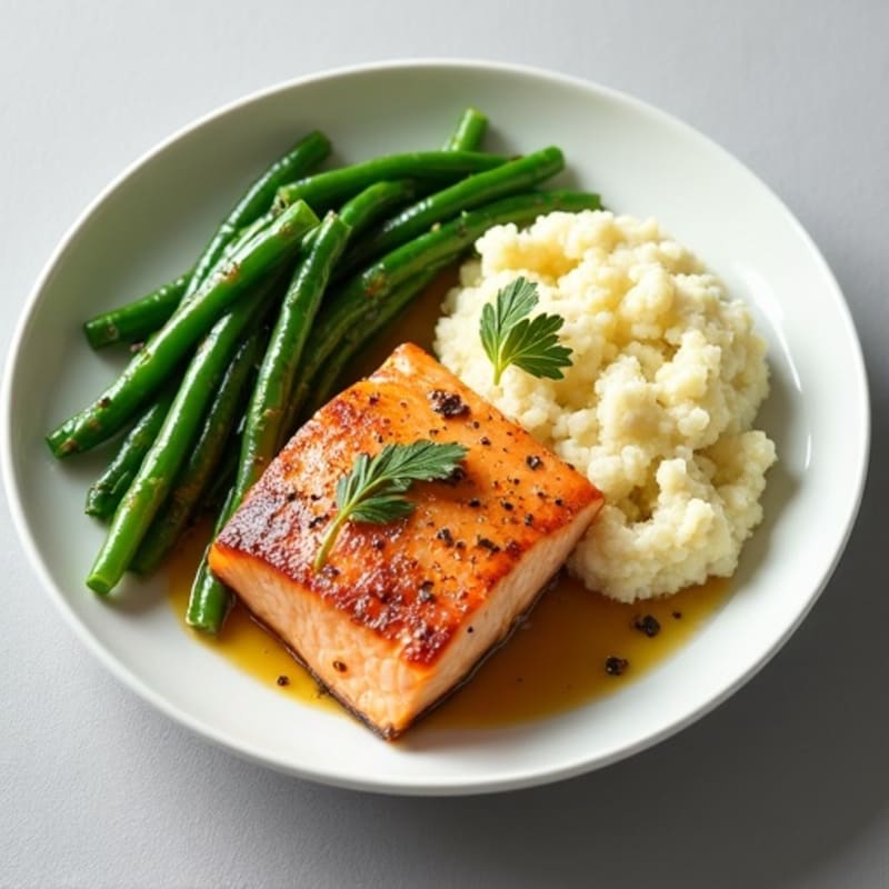 Seared Salmon with Garlic Green Beans and Cauliflower Mash