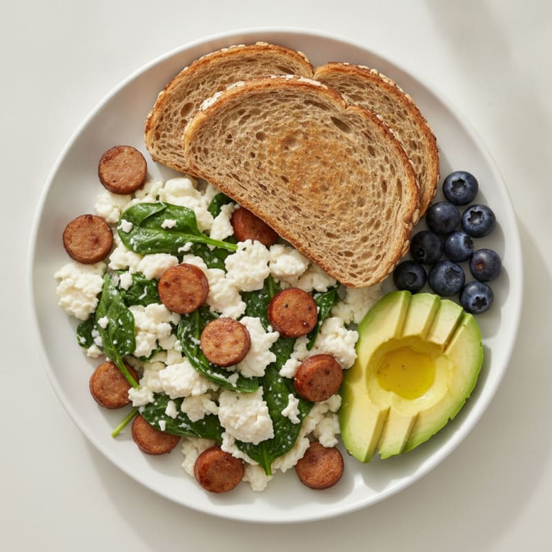 Egg White and Chicken Sausage Scramble with Spinach and Whole Grain Toast