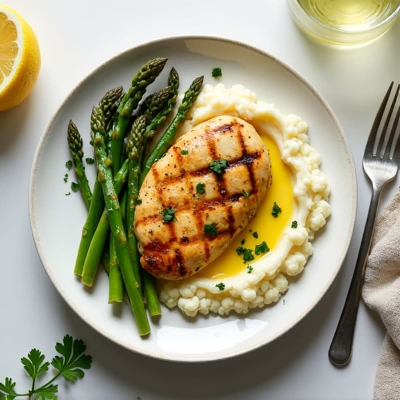 Lemon-Garlic Grilled Chicken Breast with Steamed Asparagus and Cauliflower Mash