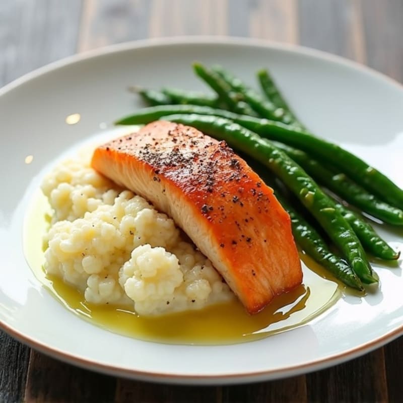 Seared Salmon with Steamed Green Beans and Garlic Mashed Cauliflower