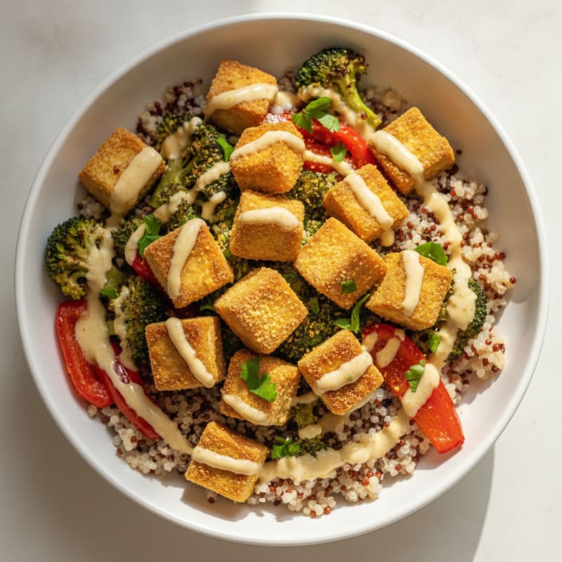 Crispy Baked Tofu Quinoa Bowl with Roasted Vegetables