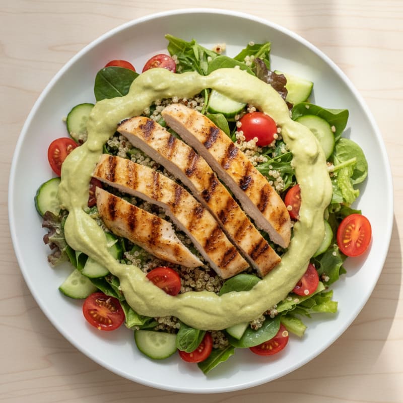 Grilled Chicken Salad with Creamy Avocado Dressing and Quinoa