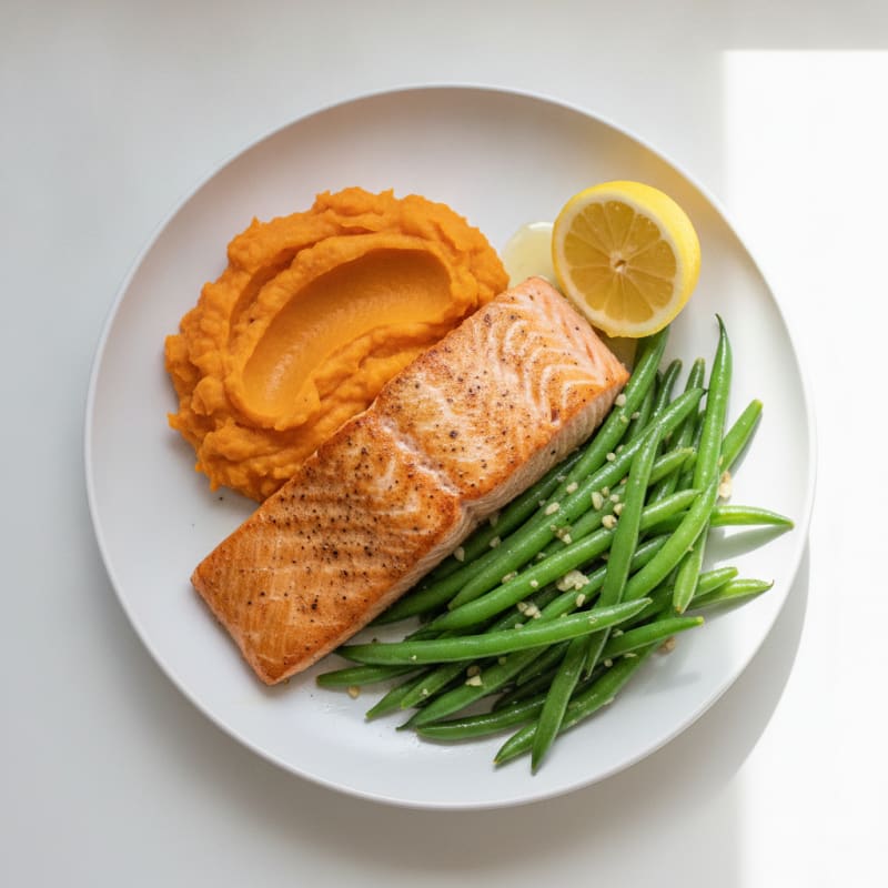 Seared Salmon with Garlic Green Beans and Sweet Potato Mash