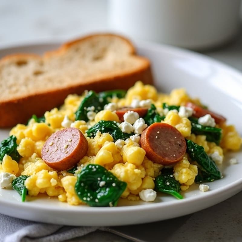 Egg White Scramble with Turkey Sausage and Sautéed Spinach