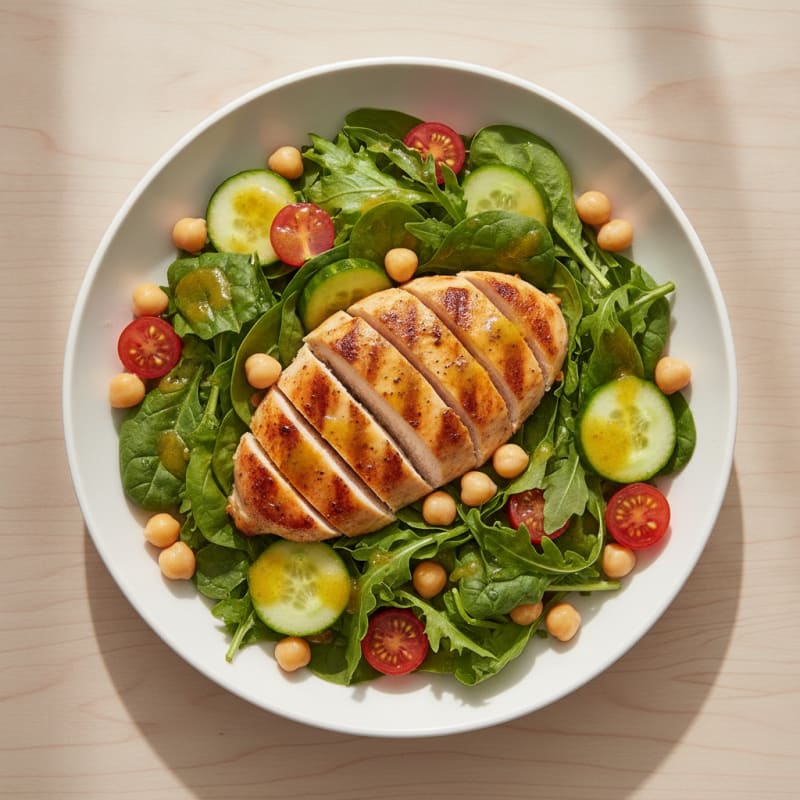 Grilled Chicken Breast Salad with Mixed Greens and Chickpeas