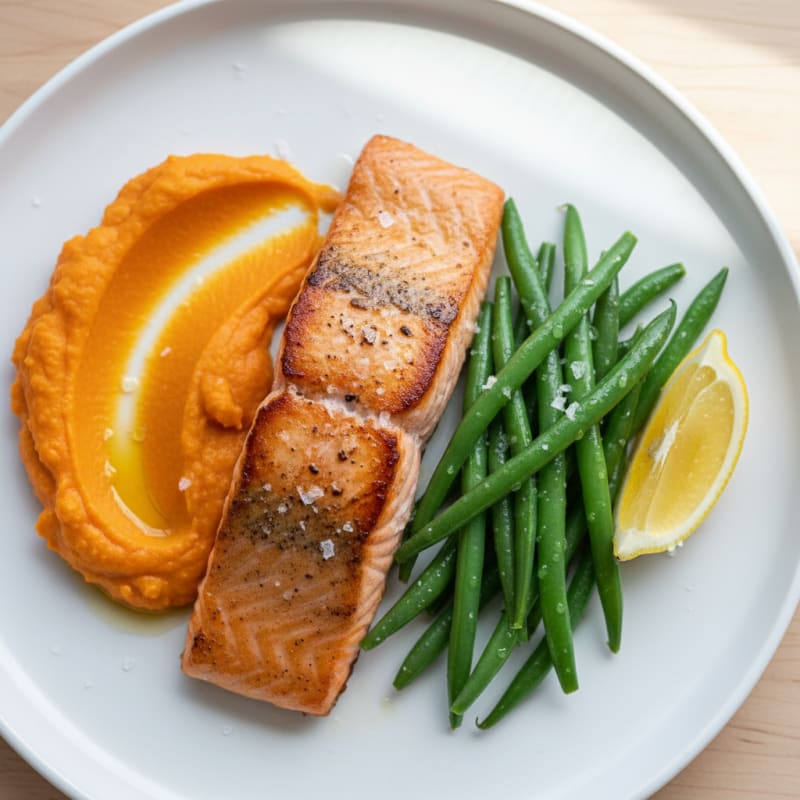 Seared Salmon Fillet with Steamed Green Beans and Sweet Potato Mash