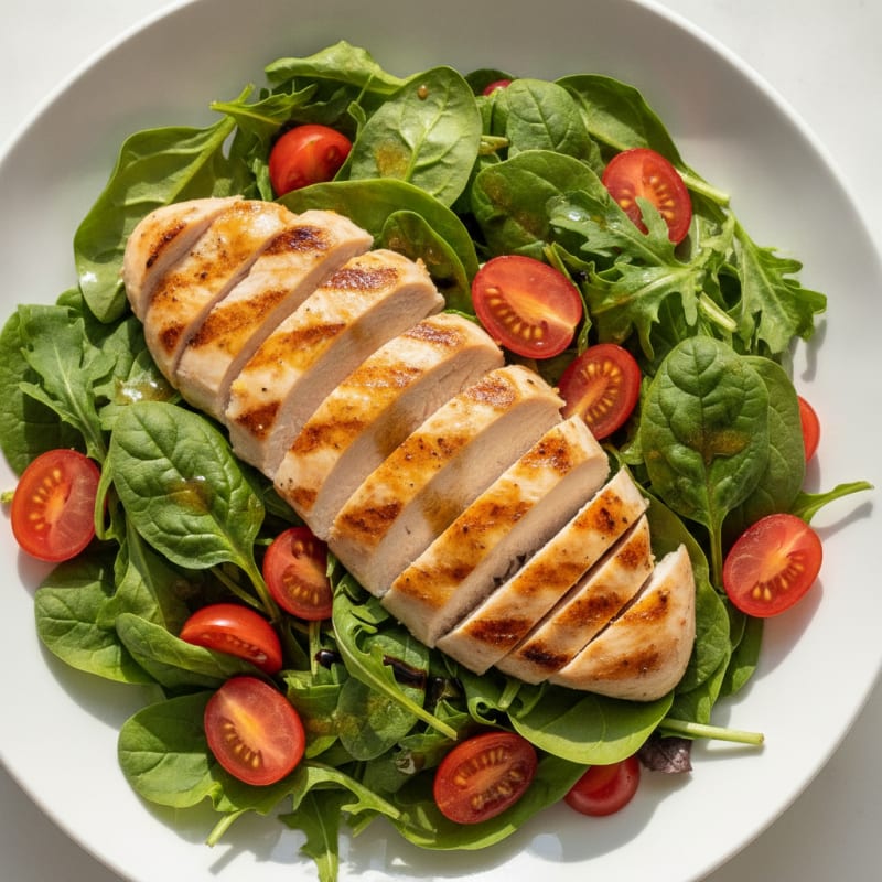 Grilled Chicken Breast Salad with Mixed Greens and Cherry Tomatoes
