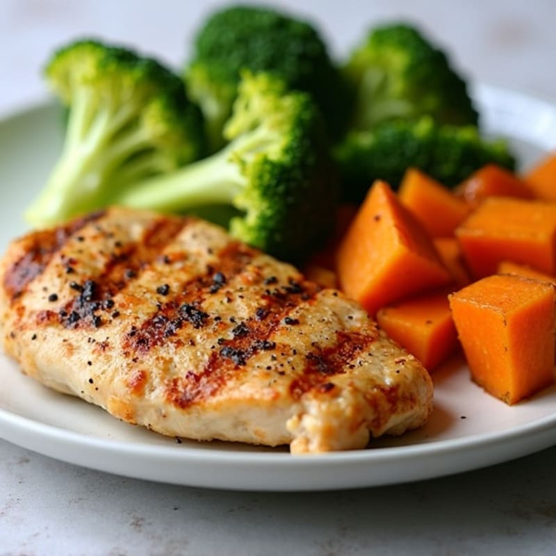 Grilled Chicken Breast with Roasted Sweet Potato and Steamed Broccoli