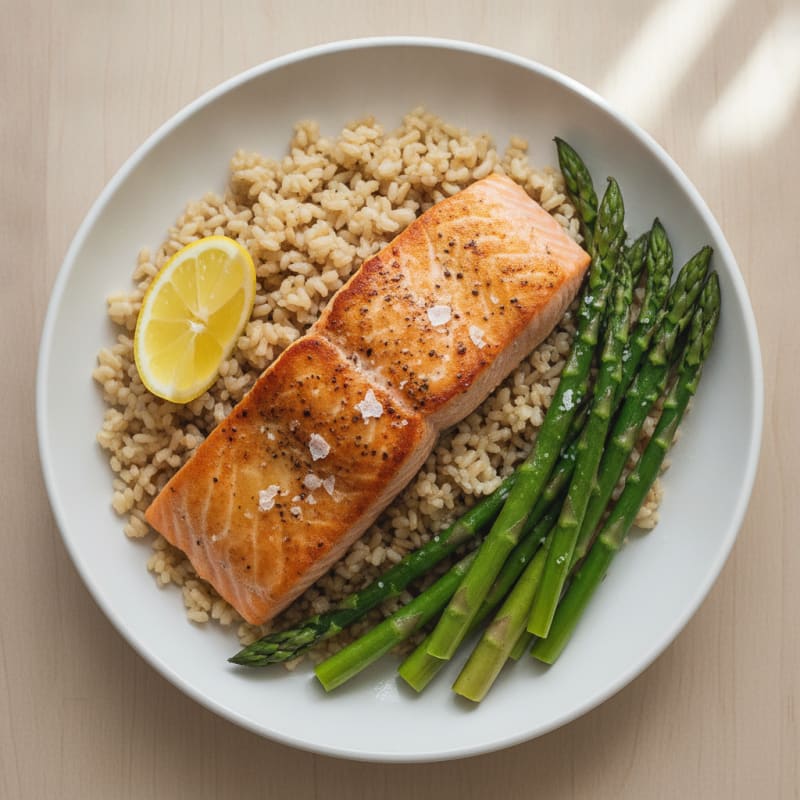 Seared Salmon with Steamed Asparagus and Brown Rice