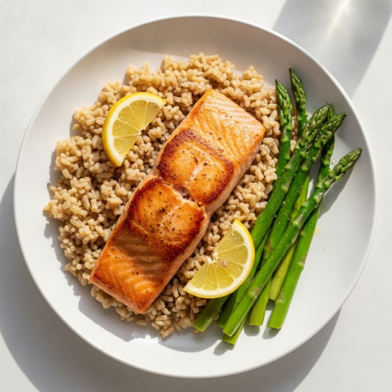 Seared Salmon Fillet with Steamed Asparagus and Brown Rice