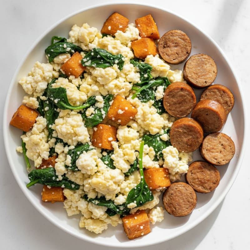 Cottage Cheese Scramble with Spinach and Turkey Sausage