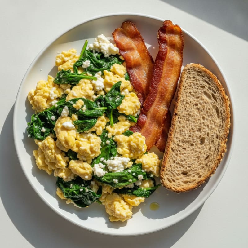 Cottage Cheese Egg Scramble with Sautéed Spinach and Turkey Bacon