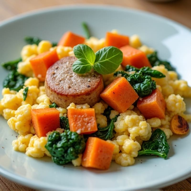 Egg White and Turkey Sausage Scramble with Spinach and Roasted Sweet Potato