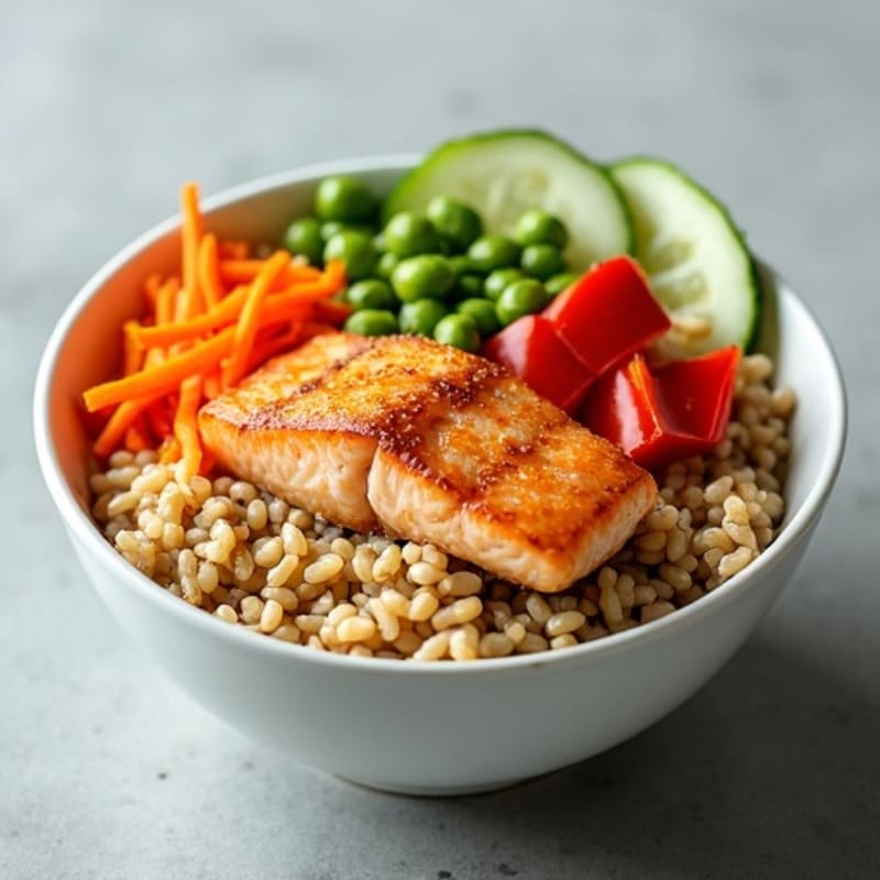 Sesame Ginger Salmon Rice Bowl with Crunchy Vegetables