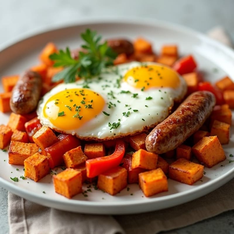 Crispy Sweet Potato and Turkey Sausage Hash with Baked Eggs