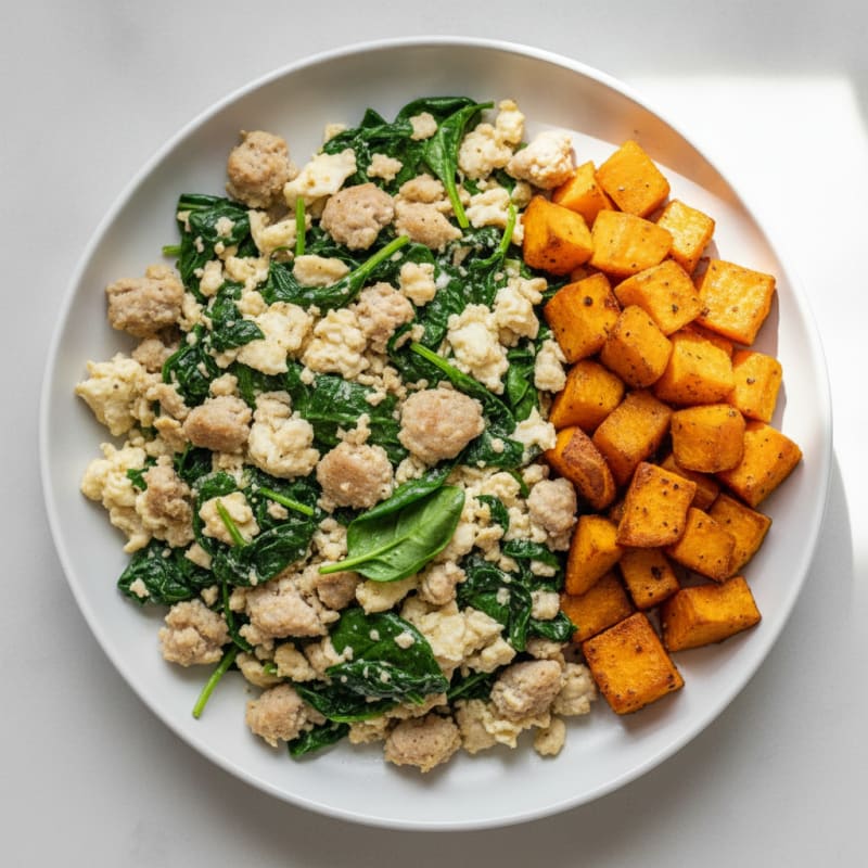 Egg White and Turkey Sausage Scramble with Spinach and Roasted Sweet Potato