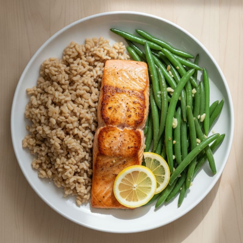 Seared Salmon with Garlic Green Beans and Brown Rice