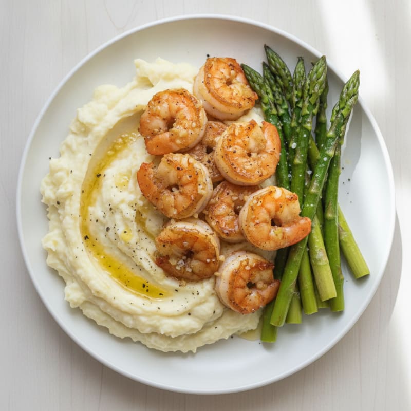 Garlic Shrimp with Asparagus and Mashed Potatoes